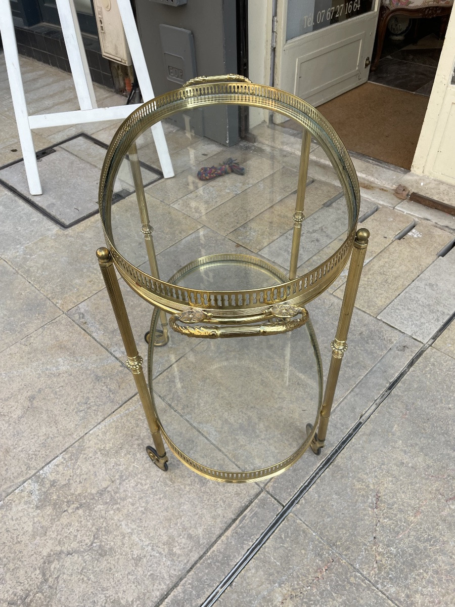 Oval Brass Rolling Table With Removable Top In The Style Of Bagues Or Jansen-photo-2