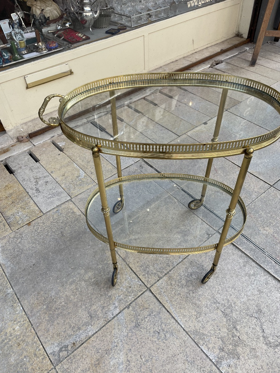 Oval Brass Rolling Table With Removable Top In The Style Of Bagues Or Jansen-photo-4