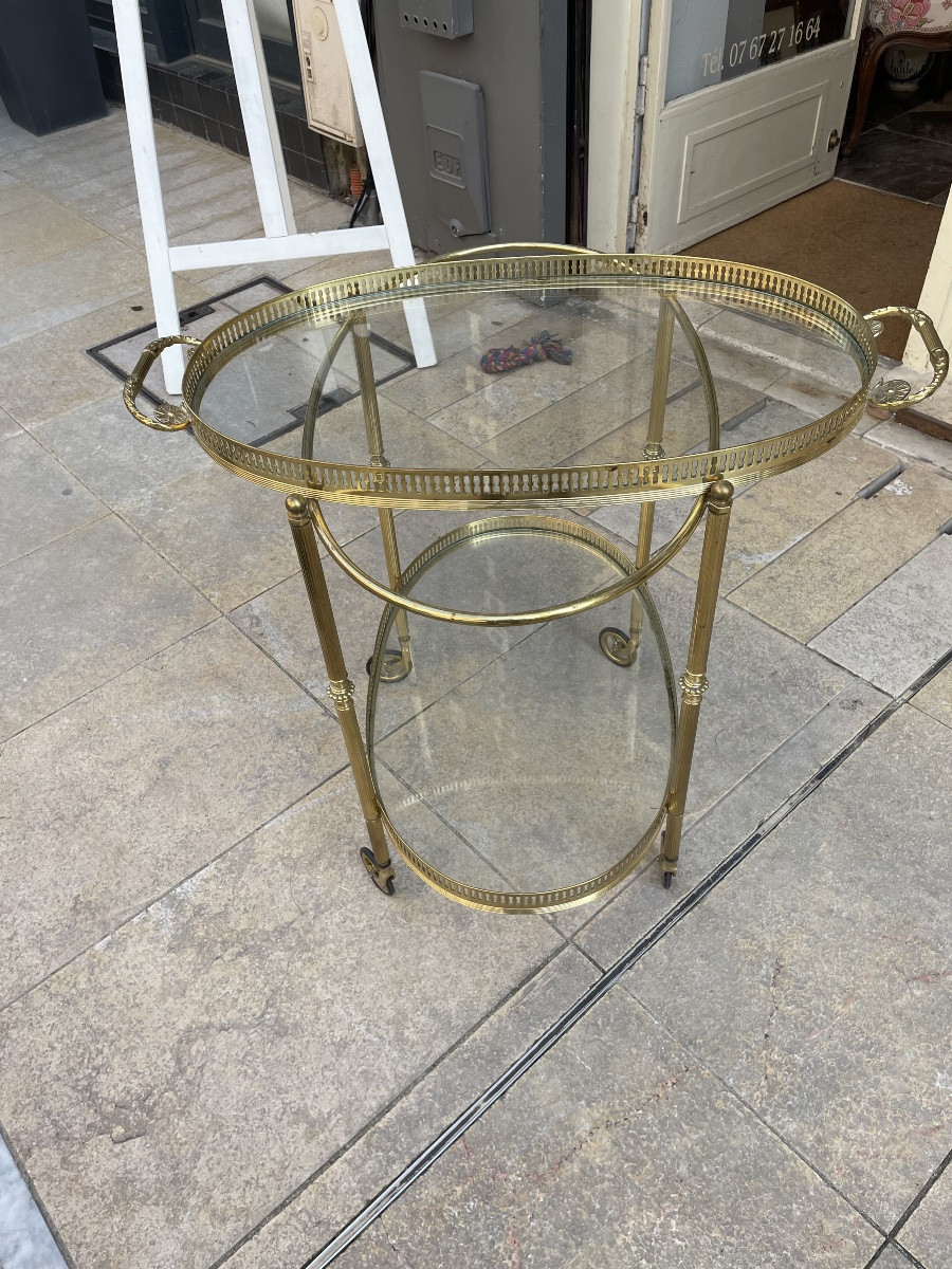 Oval Brass Rolling Table With Removable Top In The Style Of Bagues Or Jansen-photo-5