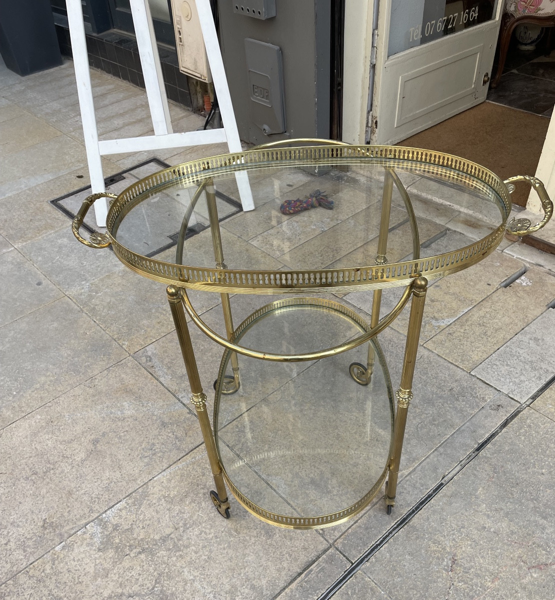 Oval Brass Rolling Table With Removable Top In The Style Of Bagues Or Jansen