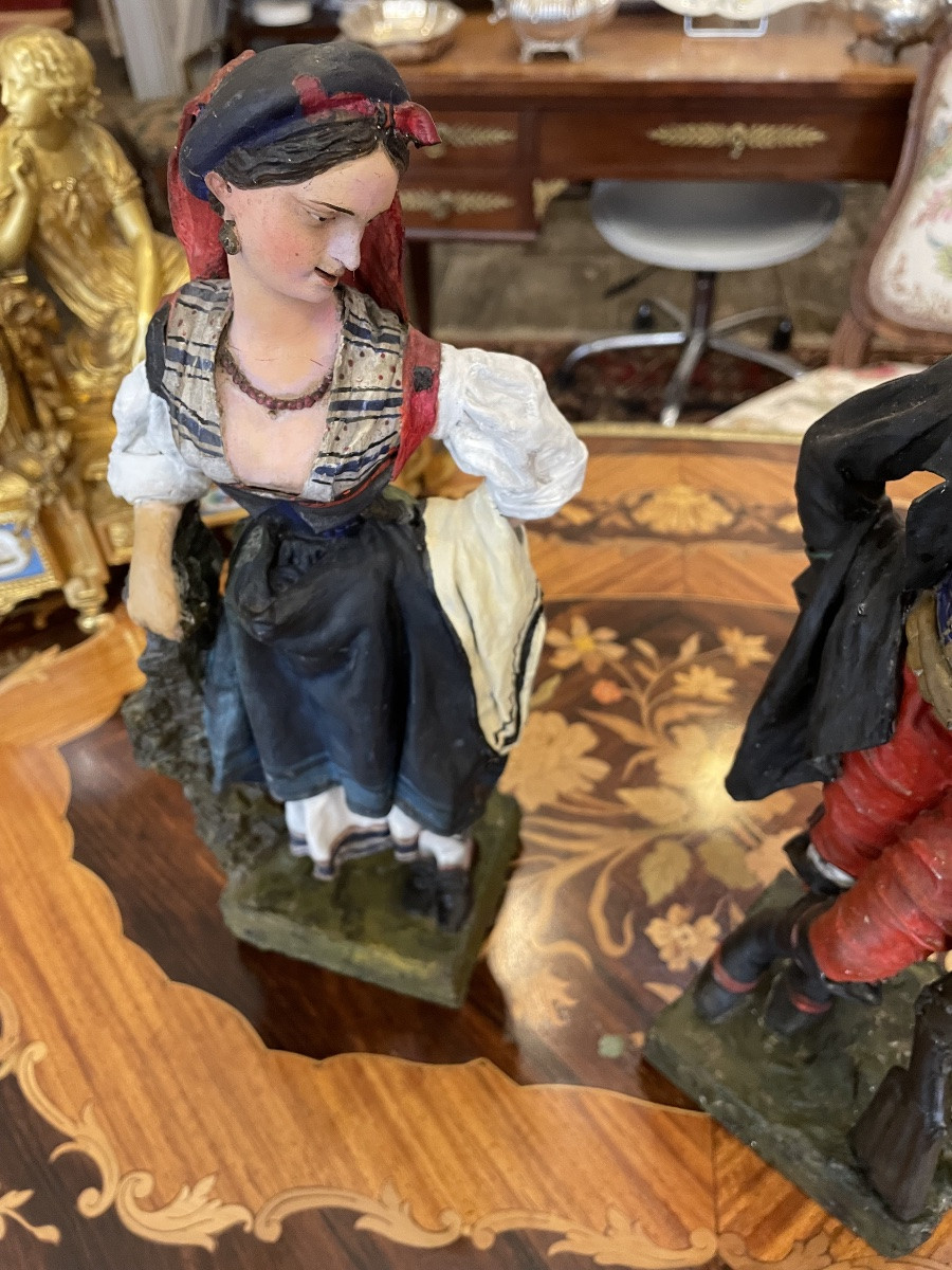  Couple de Calabrais en bois polychrome inscrit “ calabreses “datée 1869, signature illisible-photo-4