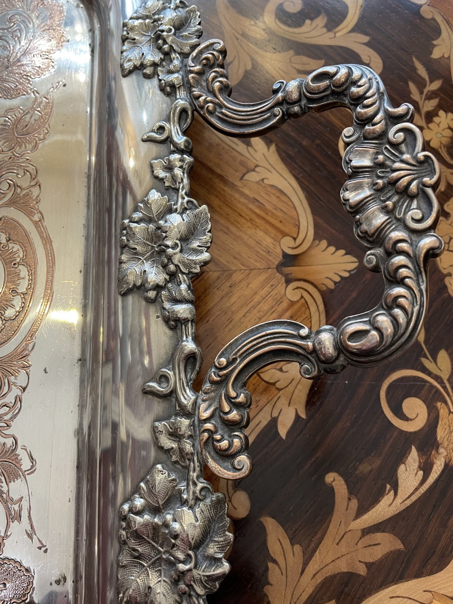  Grand plateau de service en métal doublé d’argent milieu XIX eme-photo-3