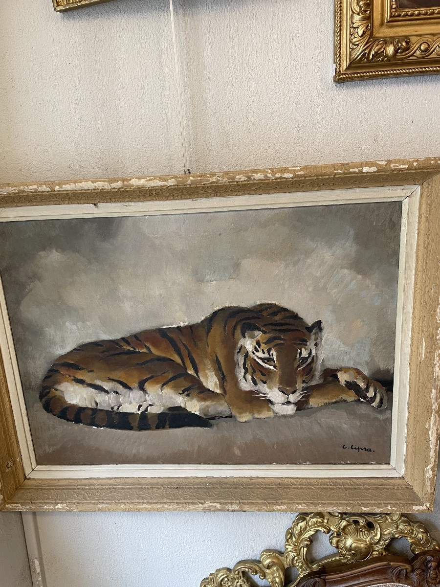 Follower Of Paul Jouve: Oil On Canvas By Camille Cipra , (1896-1952) Reclining Tiger-photo-5