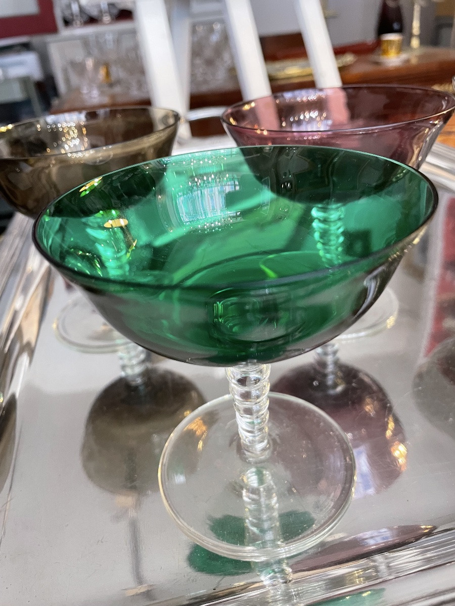 Murano Suite Of 7 Colored Champagne Glasses On Transparent Mouth-blown Feet.-photo-4