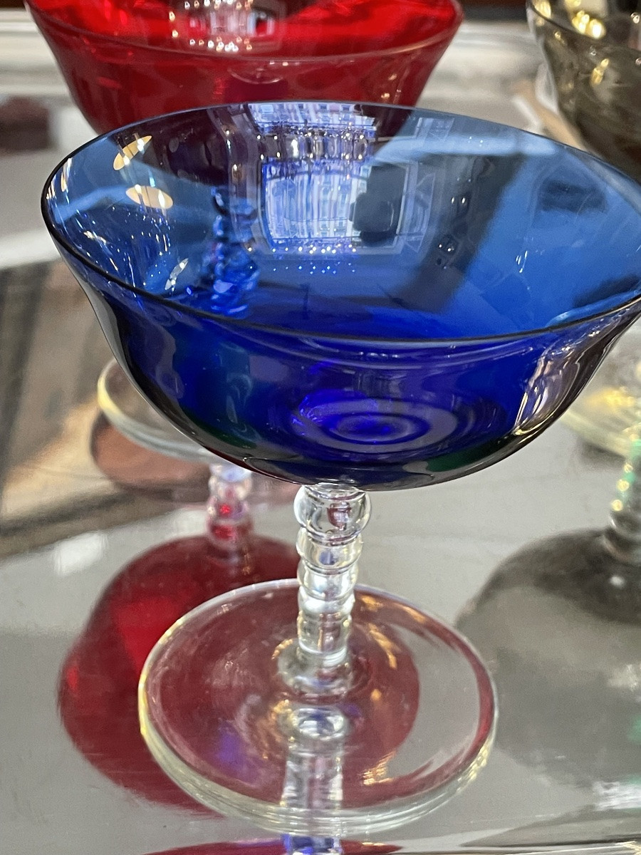 Murano Suite Of 7 Colored Champagne Glasses On Transparent Mouth-blown Feet.-photo-6