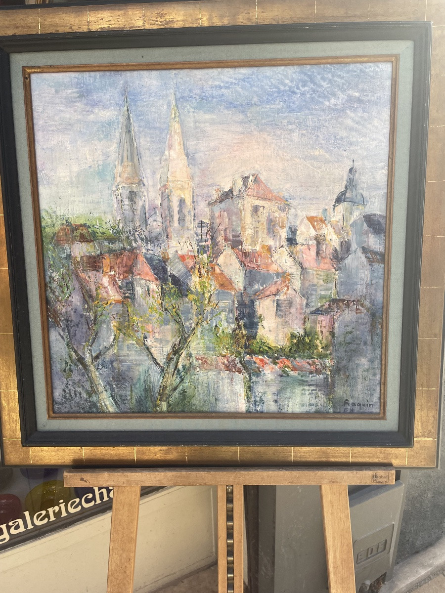 Huile sur toile signée  Raquin(1933-2016)  Vue de Moulins (Allier)-photo-3