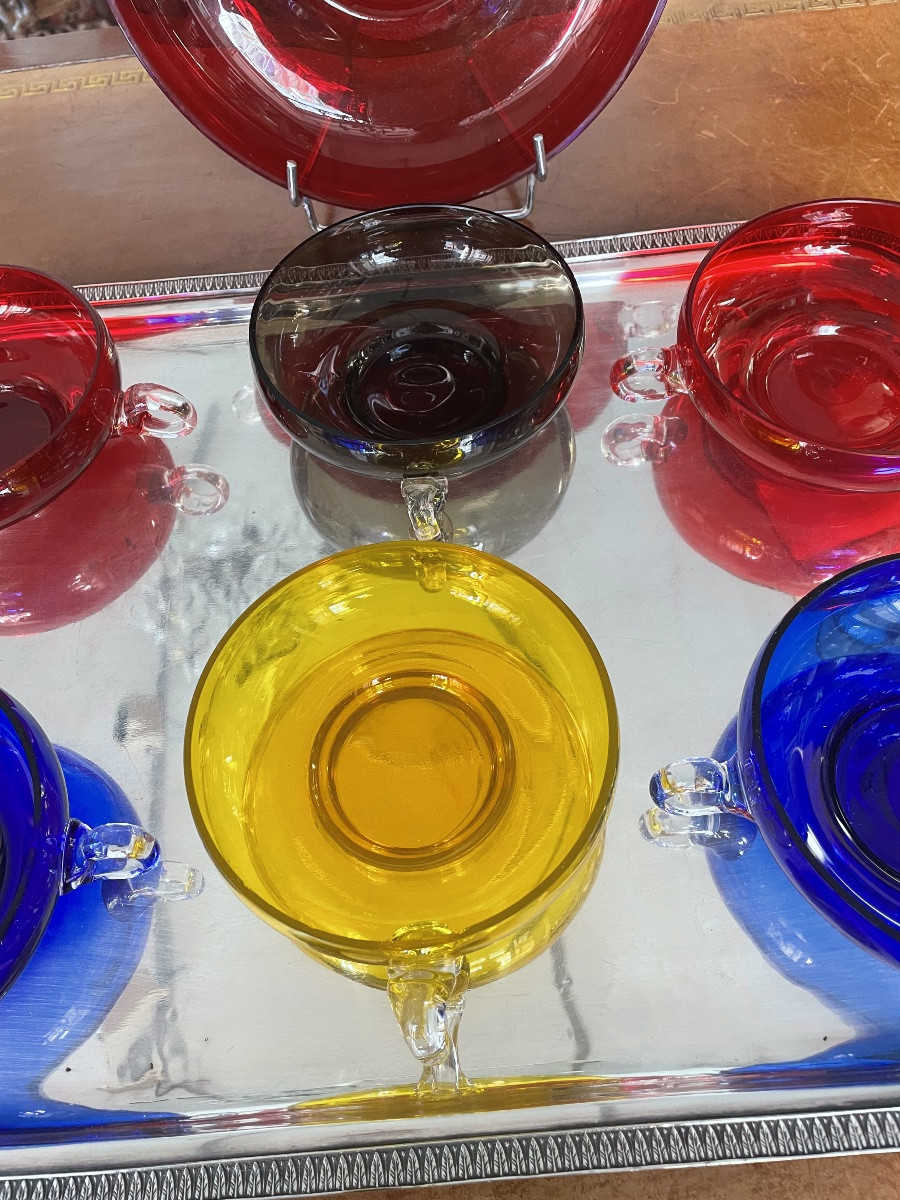 Murano: Suite de 7 Coupes( 1grande et 6 normales) à fruits/glaces/cremes aux 4 couleurs -photo-3