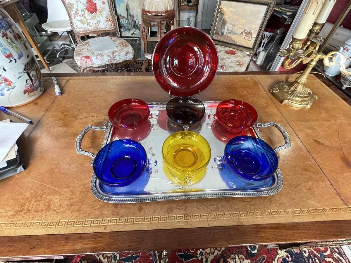 Murano: Suite de 7 Coupes( 1grande et 6 normales) à fruits/glaces/cremes aux 4 couleurs -photo-6