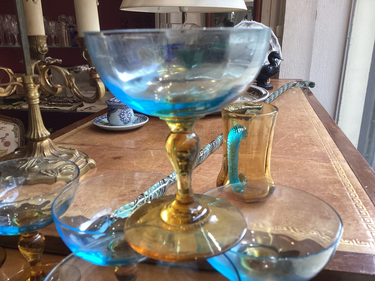 Set Of Nine Turquoise And Amber Champagne Glasses. -photo-2