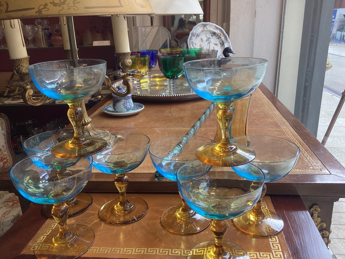 Set Of Nine Turquoise And Amber Champagne Glasses. 