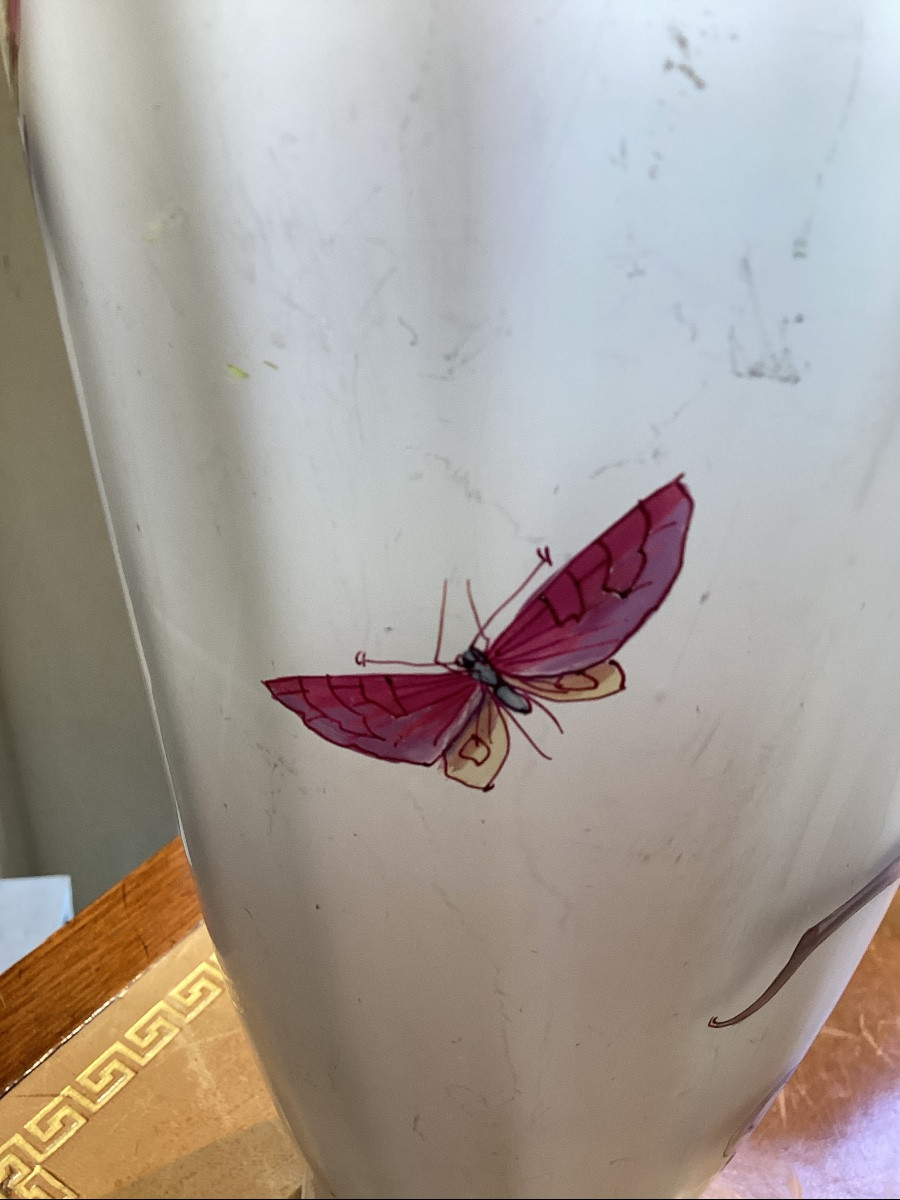 Verrerie De Pantin Art Nouveau Vase With Iris Design Painted In Polychrome Enamel, Signed-photo-1