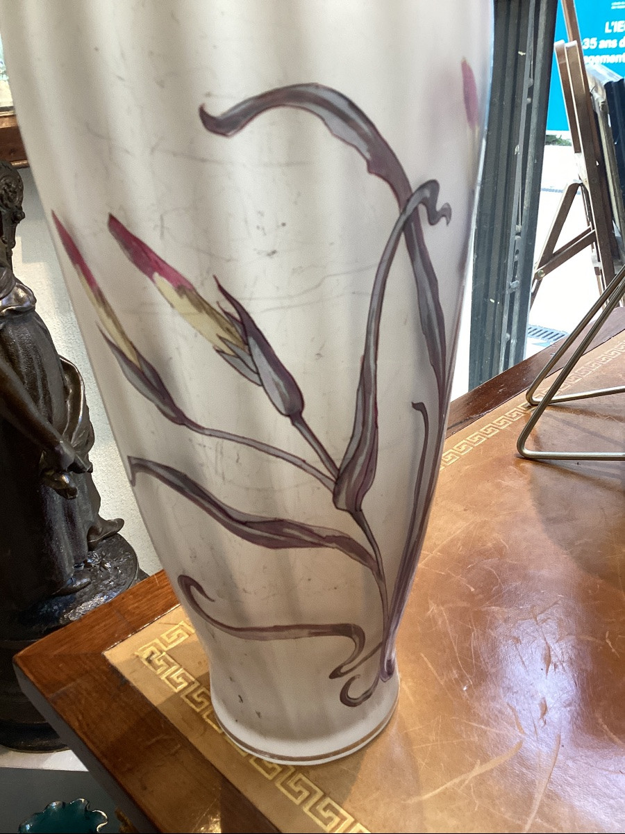Verrerie De Pantin Art Nouveau Vase With Iris Design Painted In Polychrome Enamel, Signed-photo-2