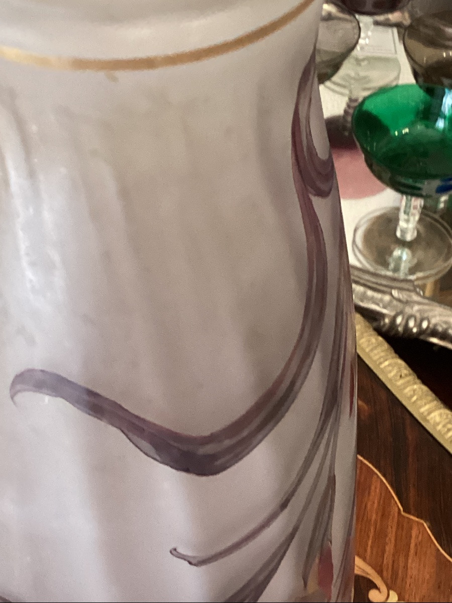 Verrerie De Pantin Art Nouveau Vase With Iris Design Painted In Polychrome Enamel, Signed-photo-3