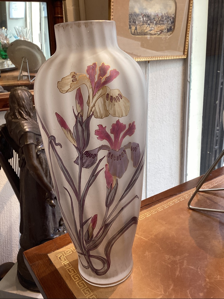 Verrerie De Pantin Art Nouveau Vase With Iris Design Painted In Polychrome Enamel, Signed-photo-5
