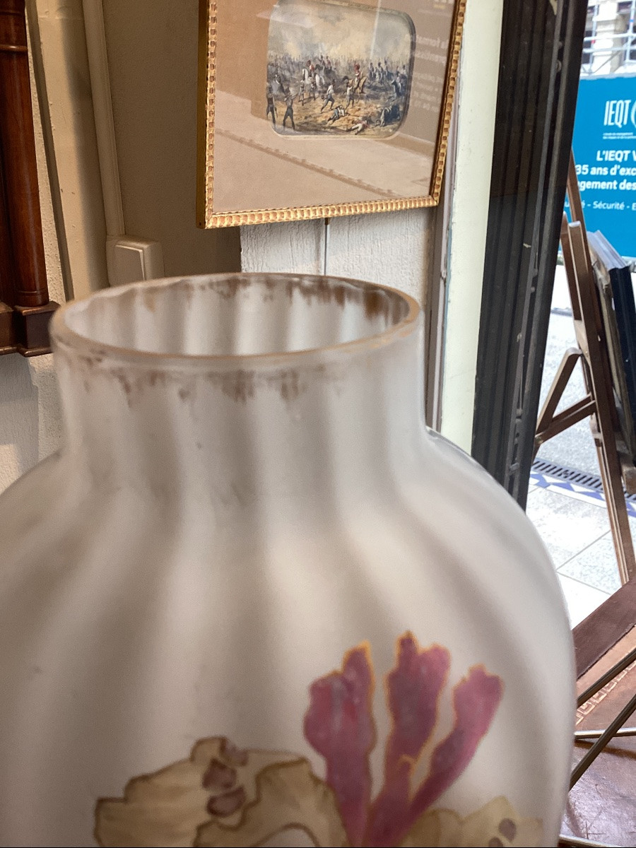 Verrerie De Pantin Art Nouveau Vase With Iris Design Painted In Polychrome Enamel, Signed-photo-6
