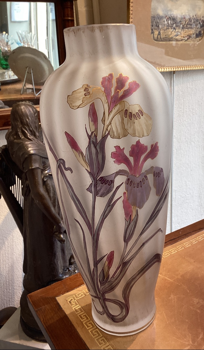Verrerie De Pantin Art Nouveau Vase With Iris Design Painted In Polychrome Enamel, Signed