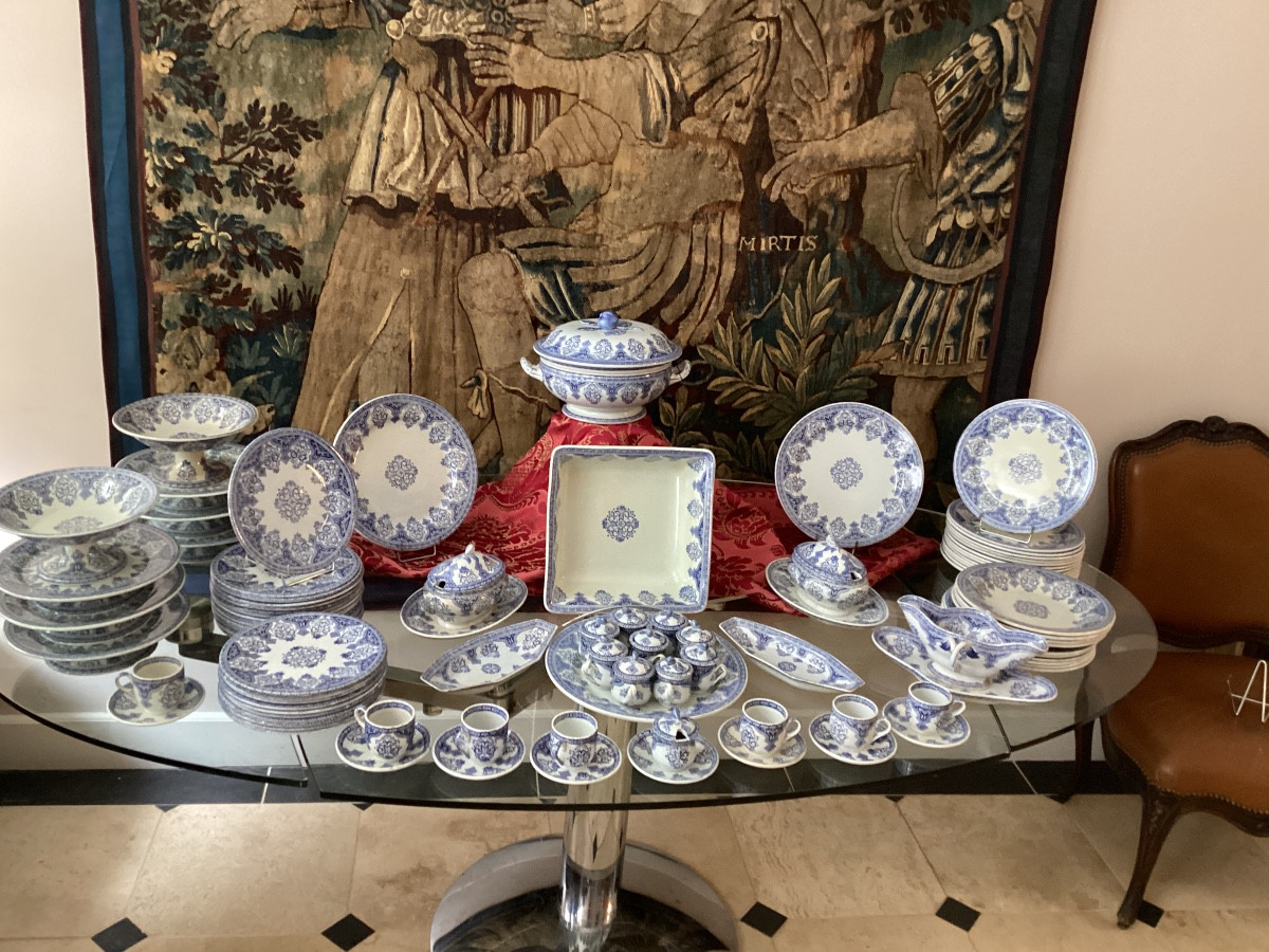 Napoleon III Gien Dinner Service, Decorated In Rouen Blue With A Large Radiating Pattern 90p
