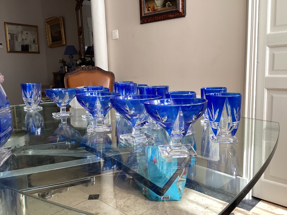 24-piece Art Deco Service Set In Blue-tinted Cut Crystal-photo-2