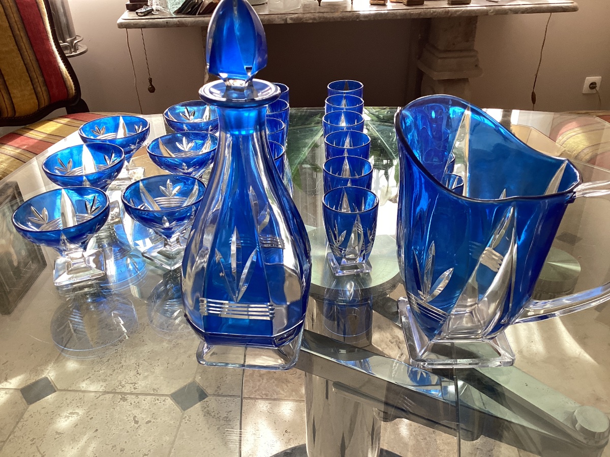 24-piece Art Deco Service Set In Blue-tinted Cut Crystal-photo-4