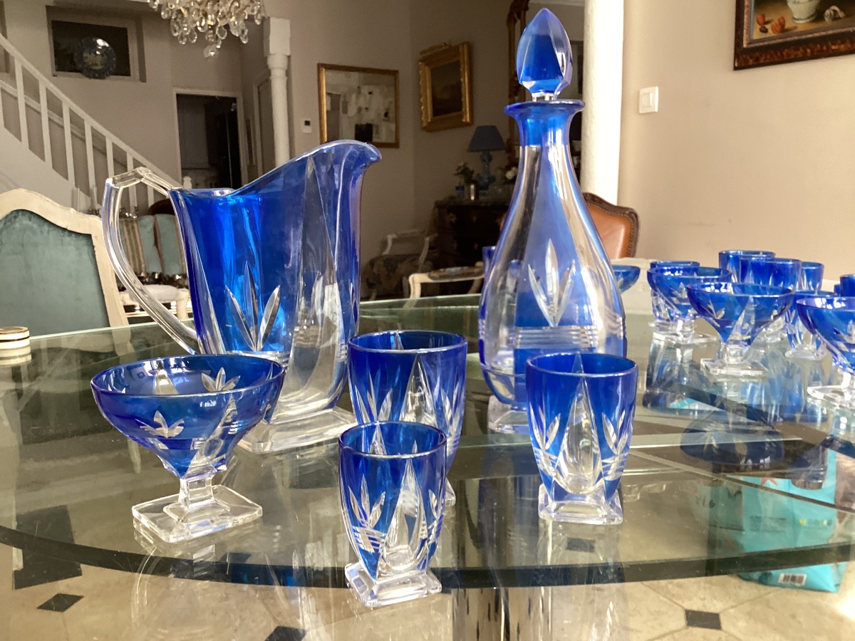 24-piece Art Deco Service Set In Blue-tinted Cut Crystal-photo-6