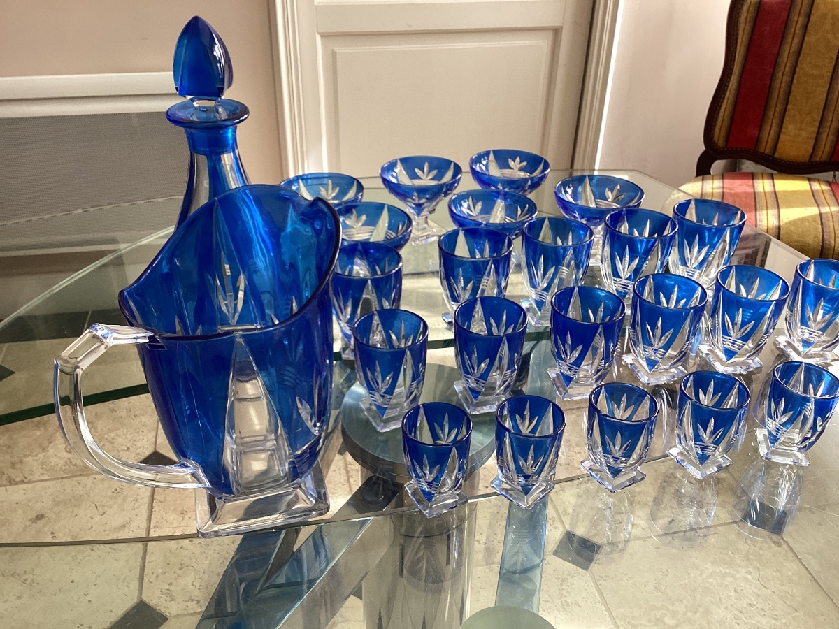 24-piece Art Deco Service Set In Blue-tinted Cut Crystal