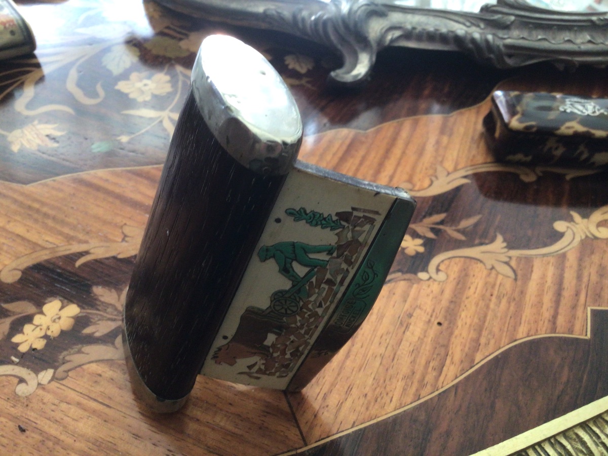 Wood And Metal Snuffbox With A Bone Plate Featuring A Plowing Motif And Fine Mother-of-pearl Inlay, 19th Century-photo-2