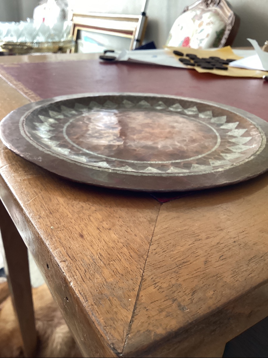 Copper Plate With Geometric Decoration By Claudius Linossier Unsigned 20 Cm-photo-2