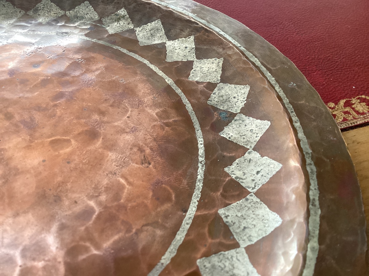 Copper Plate With Geometric Decoration By Claudius Linossier Unsigned 20 Cm-photo-2