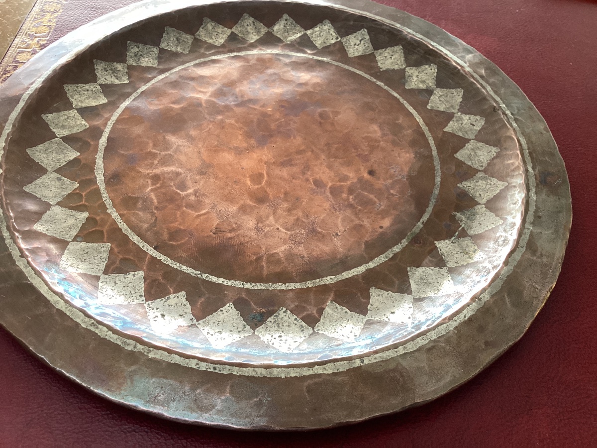 Copper Plate With Geometric Decoration By Claudius Linossier Unsigned 20 Cm-photo-3