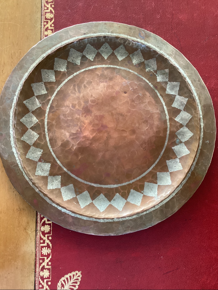 Copper Plate With Geometric Decoration By Claudius Linossier Unsigned 20 Cm