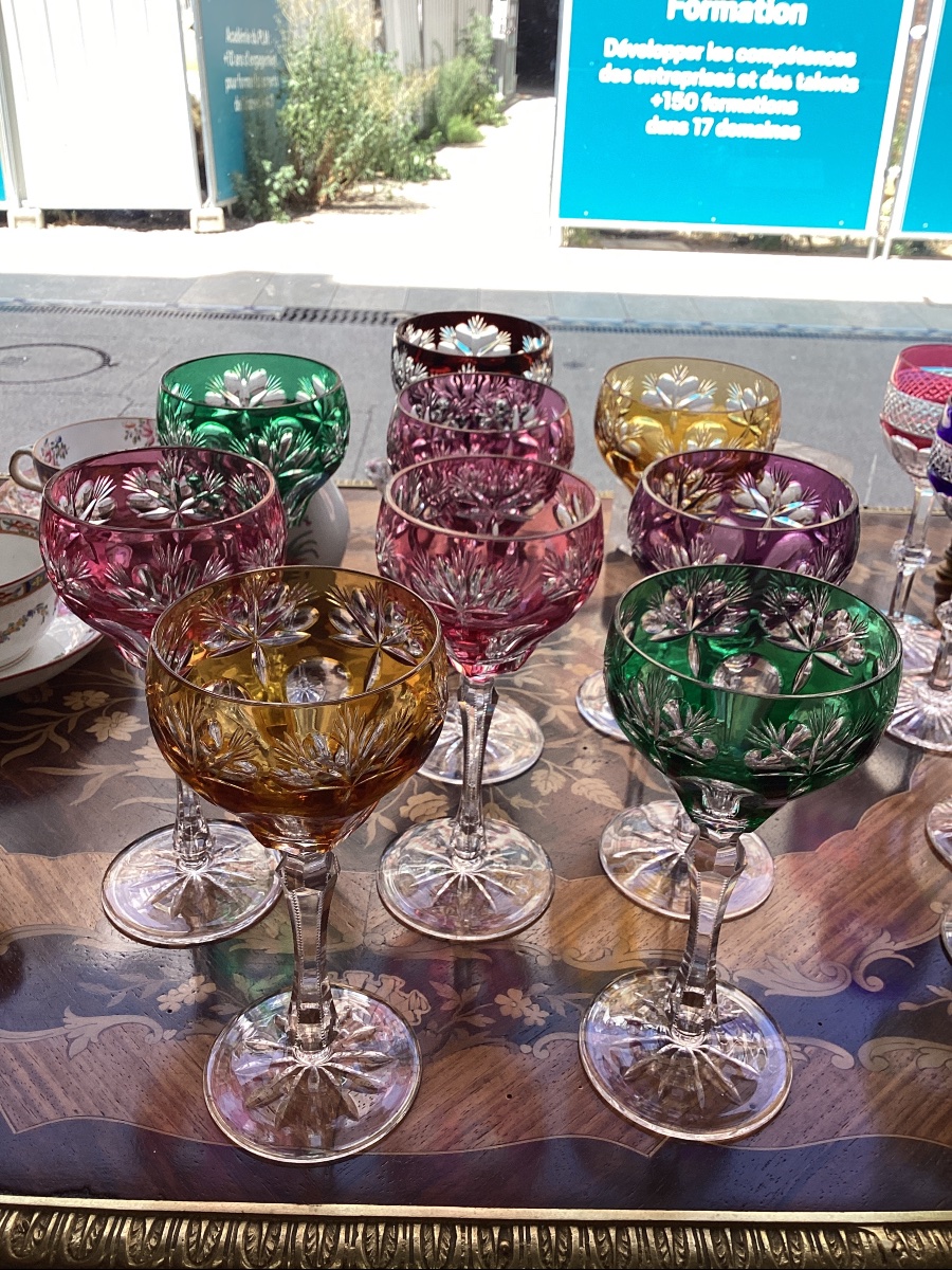 Set Of 9 Double-walled, Faceted Bohemian Crystal Roemer Glasses?-photo-2
