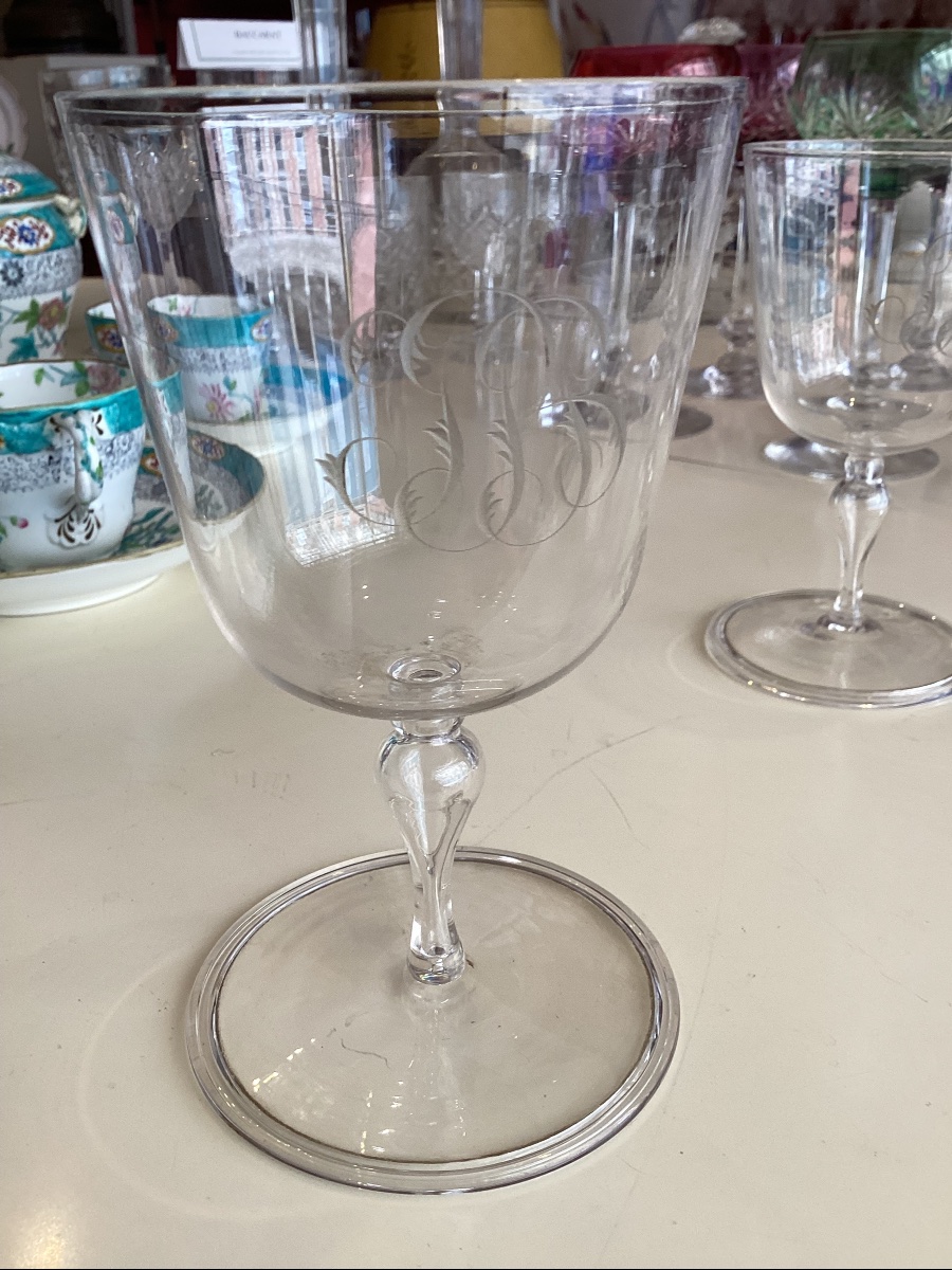 Suite de 32 verres en verre soufflé debut XIX eme monogramme-photo-3