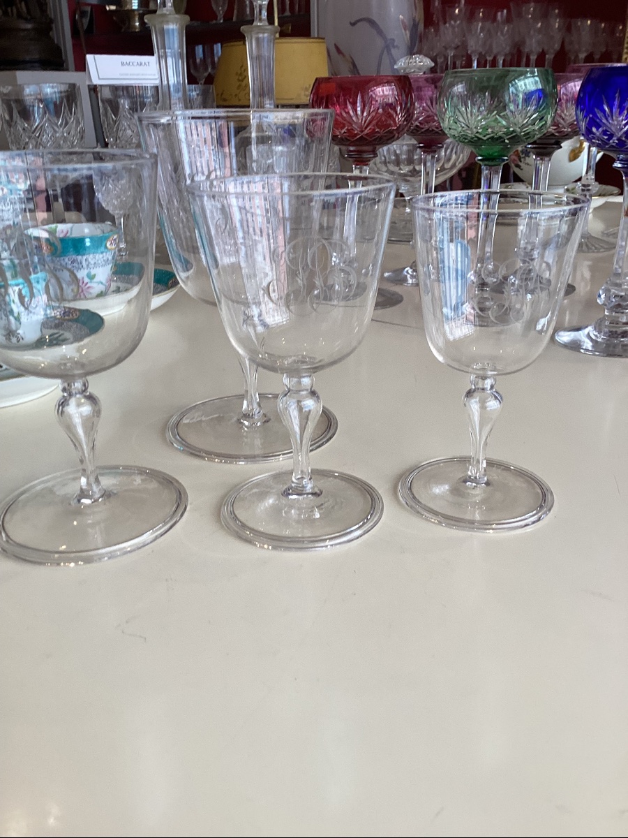 Suite de 32 verres en verre soufflé debut XIX eme monogramme-photo-4