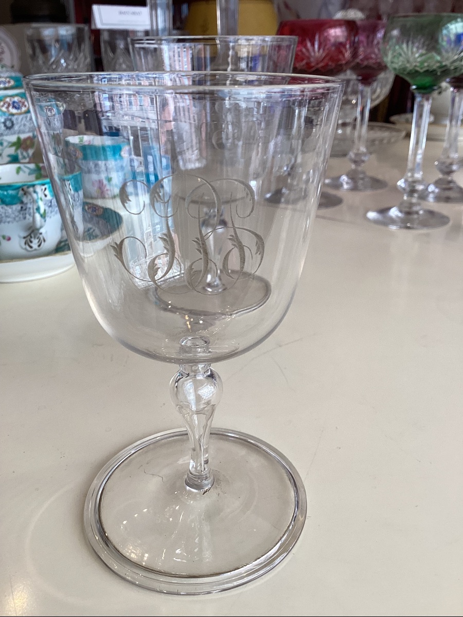 Suite de 32 verres en verre soufflé debut XIX eme monogramme-photo-6