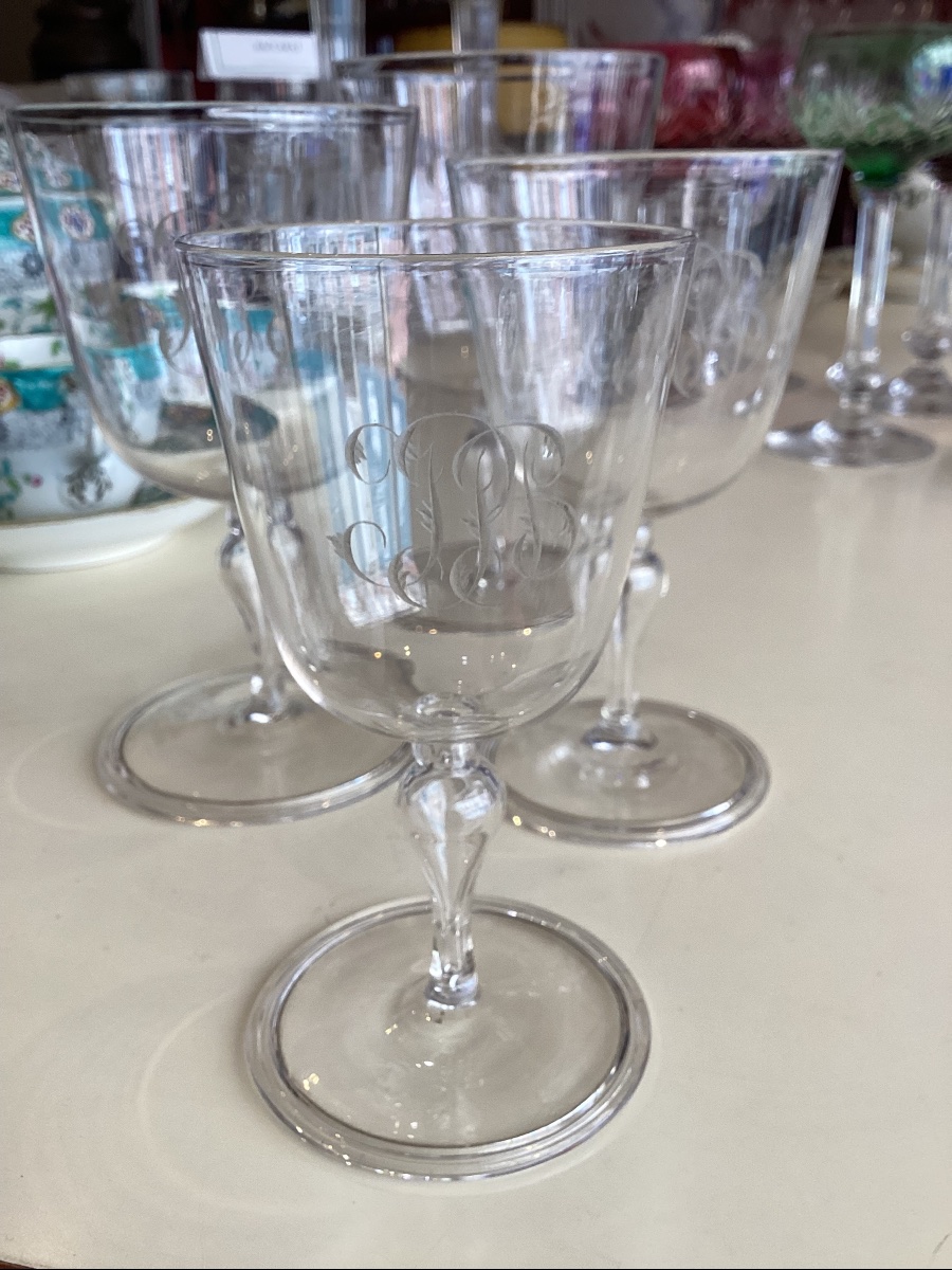 Suite de 60 verres en verre soufflé debut XIX eme monogramme-photo-6