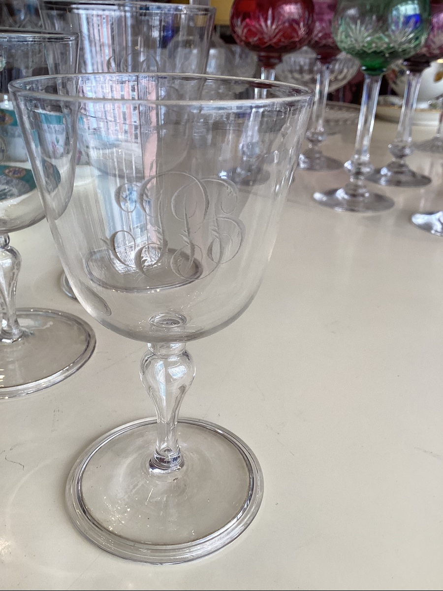Suite de 60 verres en verre soufflé debut XIX eme monogramme-photo-7