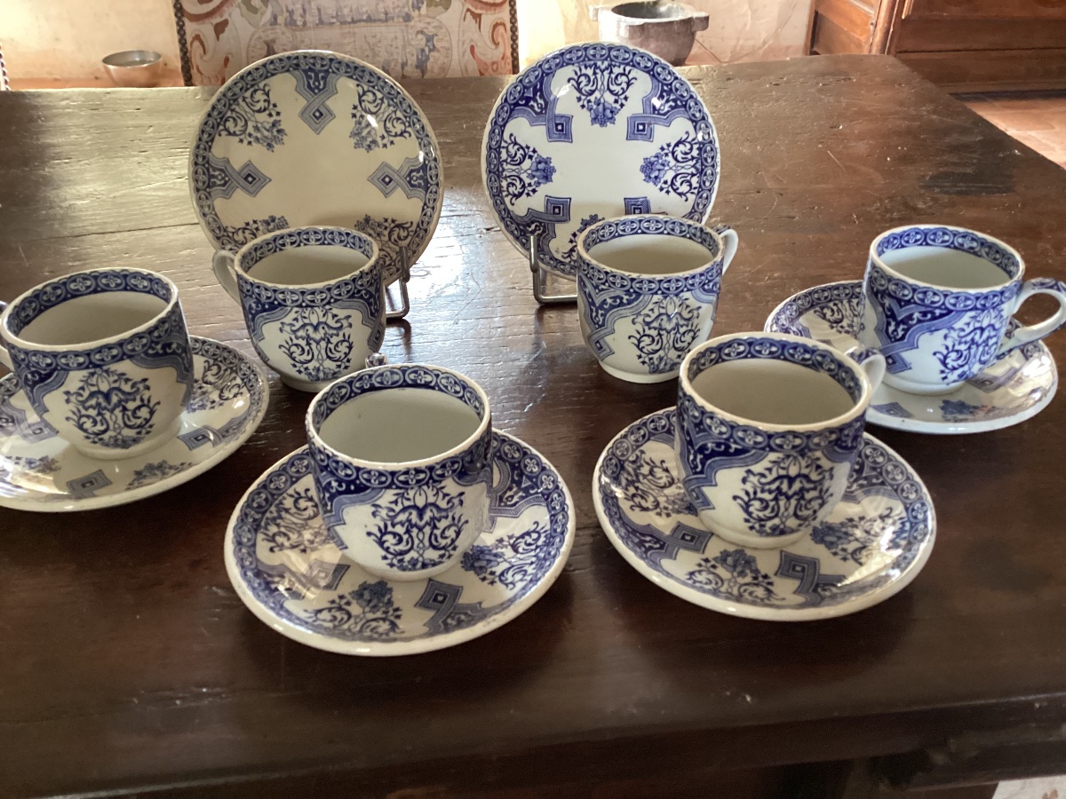 Gien 6 tasses et soucoupes décor Rouen vers 1875-1880 monograme Gien en bleu avec la lettre A-photo-3