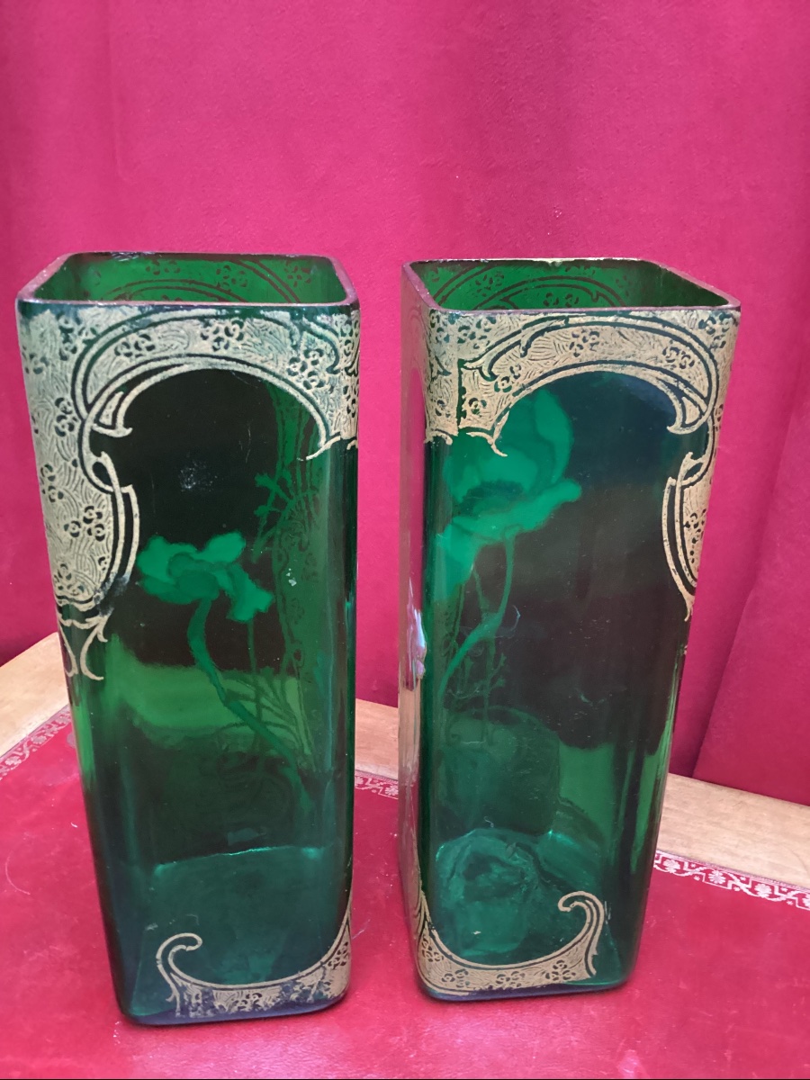 Paire de vases émaillés en verre vert attribué à Legras-photo-3