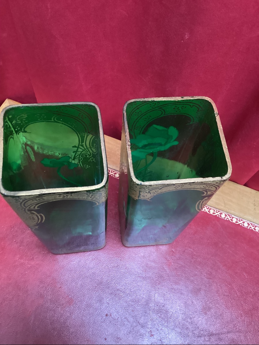 Paire de vases émaillés en verre vert attribué à Legras-photo-4