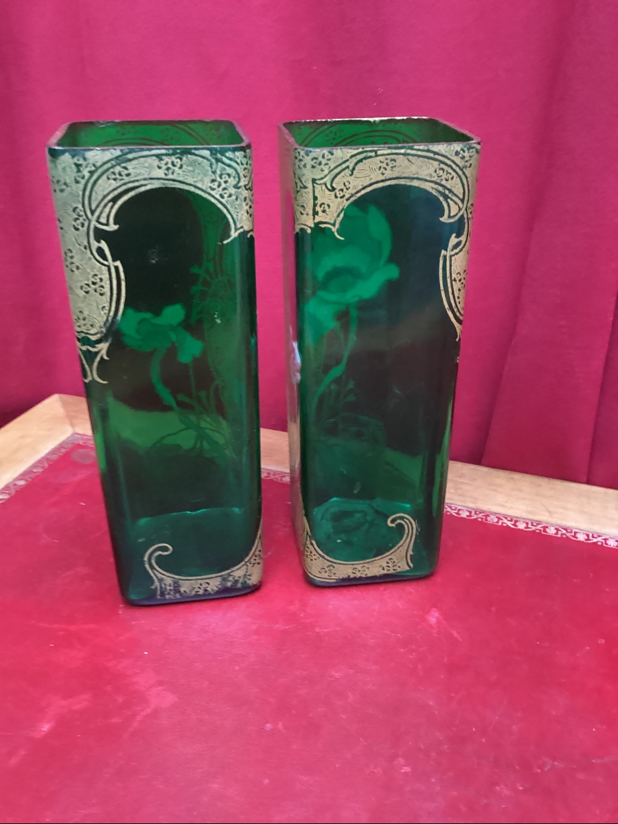 Paire de vases émaillés en verre vert attribué à Legras-photo-1