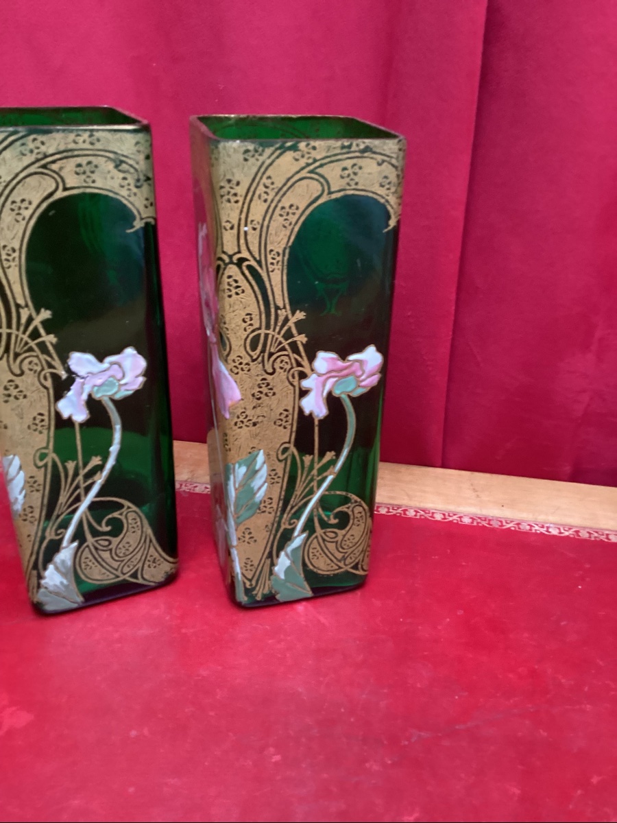 Paire de vases émaillés en verre vert attribué à Legras-photo-2