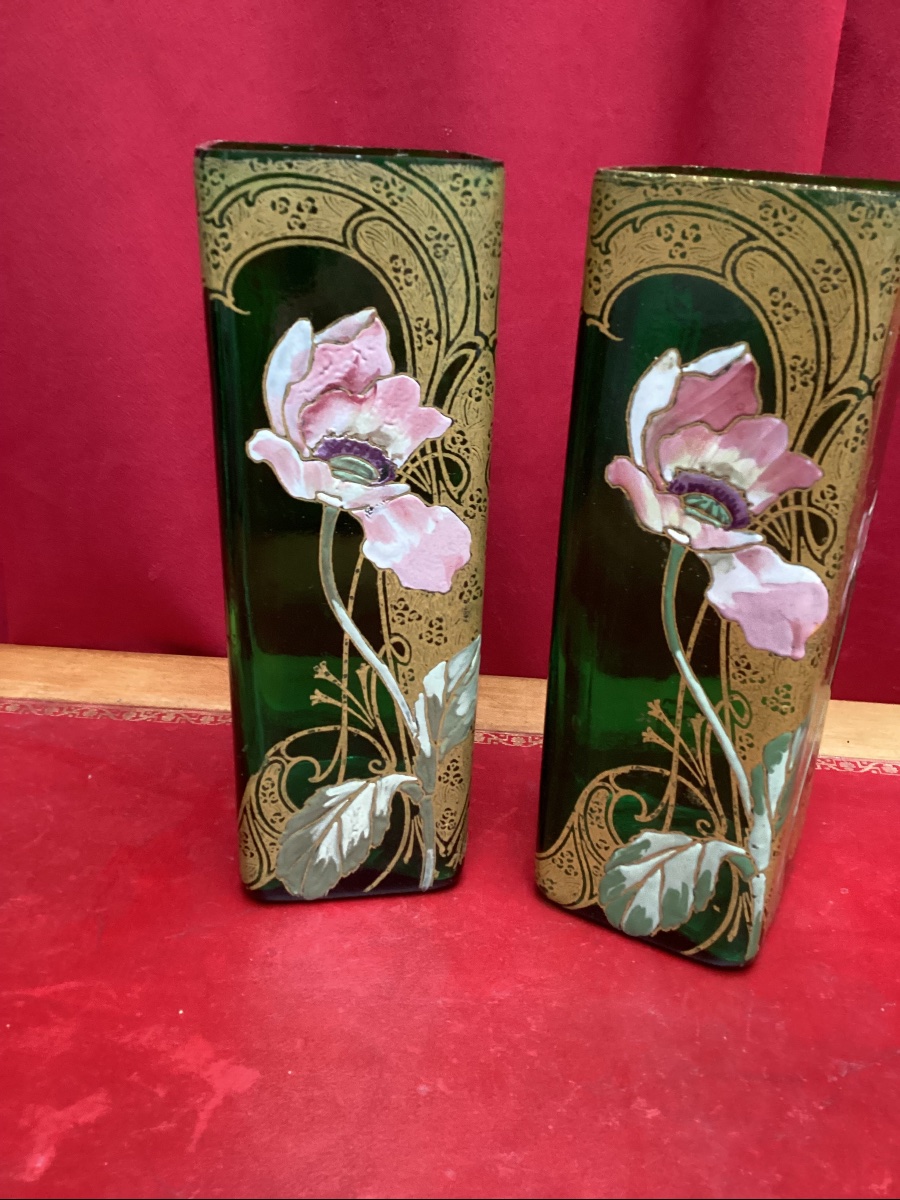 Paire de vases émaillés en verre vert attribué à Legras-photo-3