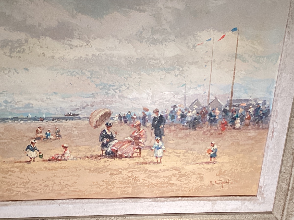 Escena De Playa Animada, Firmada: A.fouquet A Vue: 36 Cm X 45 Cm, Con Marco 62 Cm X 48 Cm