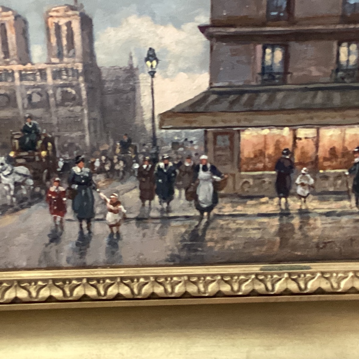  Huile sur panneau »Paris vue de Notre Dame avec personnages et omnibus » signé À.Fouquet.-photo-4