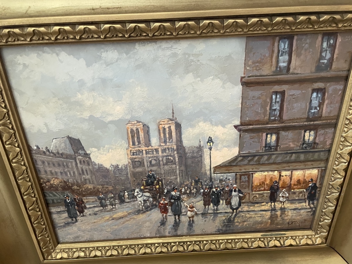  Huile sur panneau »Paris vue de Notre Dame avec personnages et omnibus » signé À.Fouquet.-photo-3