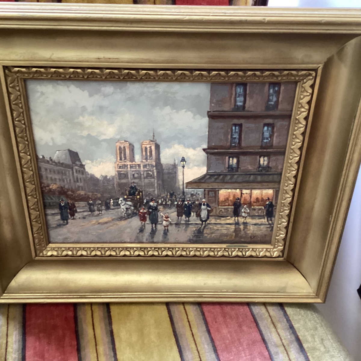  Huile sur panneau »Paris vue de Notre Dame avec personnages et omnibus » signé À.Fouquet.-photo-5