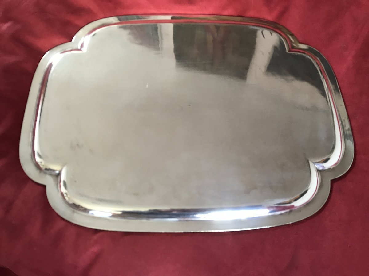 Large Polylobed Silver Metal Serving Tray-photo-3