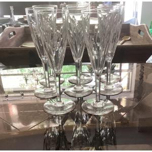 Suite Of 8 Champagne Flutes, Ory Service, In Saint Louis Crystal, Unsigned 