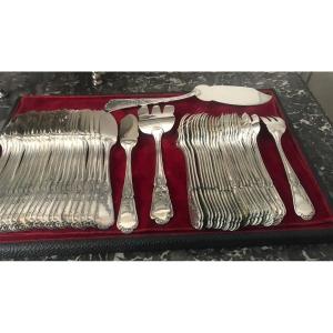 Suite Of 24 Silver-plated Fish Cutlery Goldsmith Daniel Cregut With Serving Cutlery