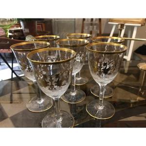 Moser Suite Of 12 Water Glasses In Crystal Decorated With Gold Of Unsigned Chimeras